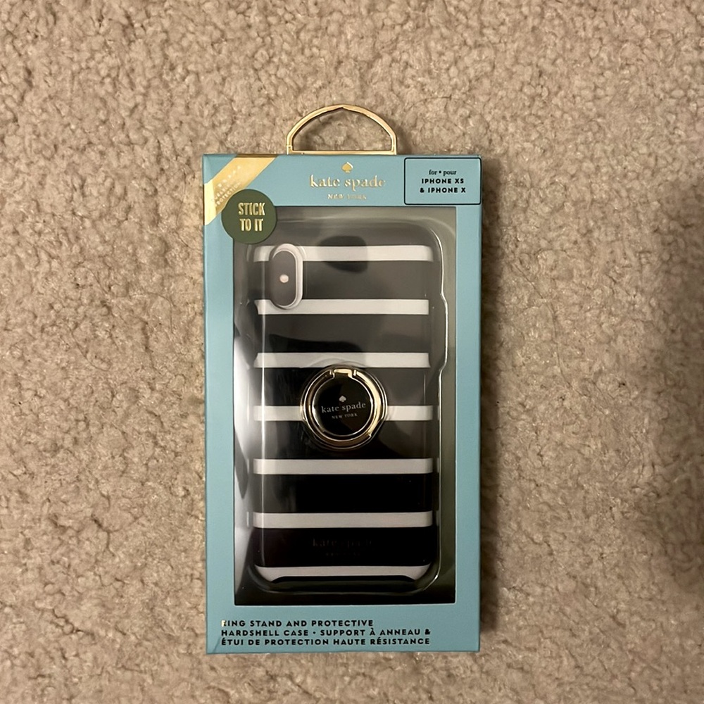 New Kate Spade iPhone XS/iPhone X case with ring.Classic black + white stripe.
